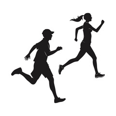 Monochrome silhouettes of young men and women running