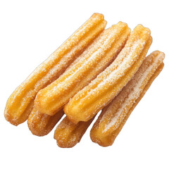 Crispy churros coated in sugar, golden and delightful, ready to be dipped in rich chocolate, isolated on a white background.