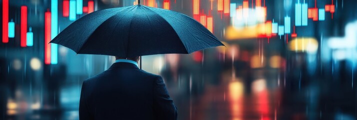 Navigating Uncertainty: Businessman with Umbrella Symbolizing Wealth Management Amidst Volatile Market Turbulence