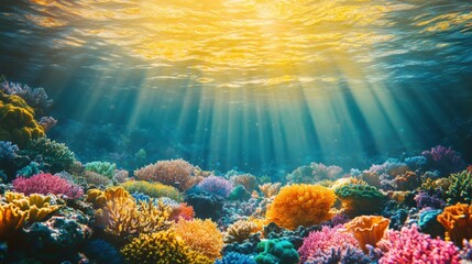 Fototapeta premium Vibrant coral reef teems with life; vivid hues of blue, green, yellow, orange, and red dance beneath the waves, showcasing nature's kaleidoscope
