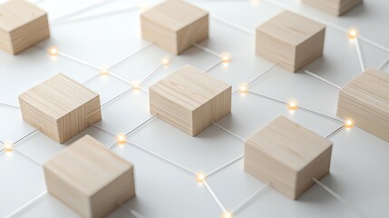 Fototapeta premium Wooden blocks connected by glowing lines, symbolizing network technology and digital connections.