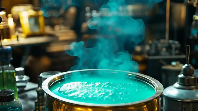 A mystical cauldron bubbling with turquoise liquid, surrounded by laboratory equipment and smoke