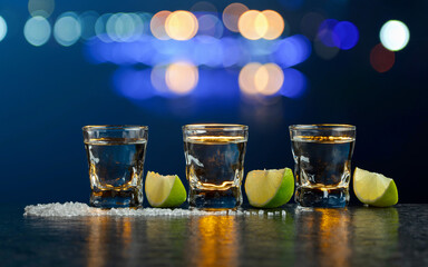Mexican Tequila with lime and salt on a stone table.