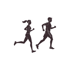 Monochrome silhouettes of young men and women running