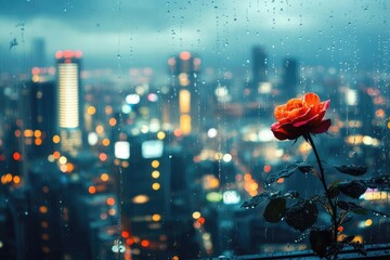 Fototapeta premium Urban Night Scene with Rose and Rainy Window View