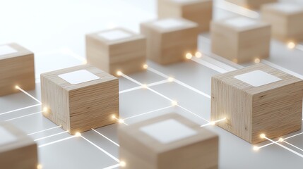 Wooden blocks interconnected by glowing lines, representing digital connections and blockchain technology.
