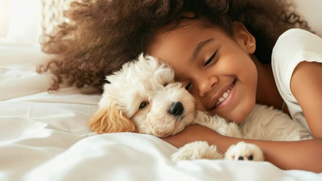 A little girl tenderly hugs her puppy and lies on the bed in a bright bedroom in the morning. Friendship concept between child and pet, copy space for text
