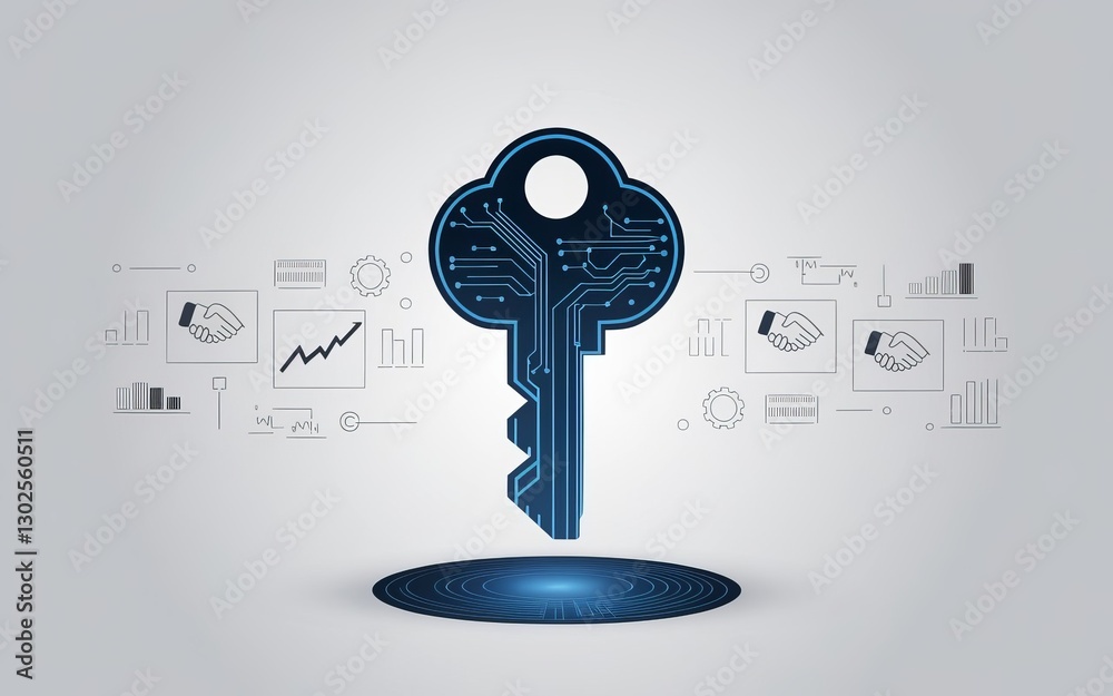 Aufkleber digital key of security: an artistic representation of a digital key with circuit board design hover