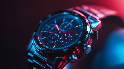 Time's Embrace: A close-up shot of a sophisticated wristwatch, illuminated by the play of vibrant colored lights and showcasing its intricate design.