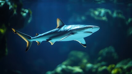 Fototapeta premium A majestic gray and white shark slices through vibrant deep blue-green waters, elegantly gliding to the right. Its powerful form exudes strength and grace in this intimate underwater moment