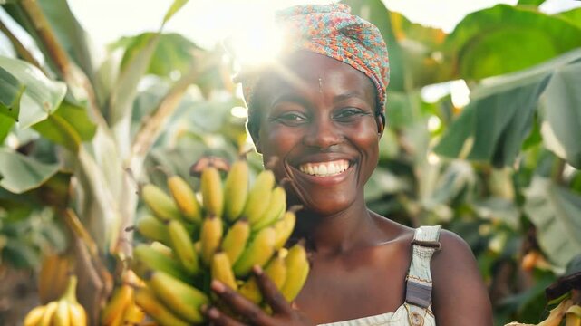 Smiling African woman holding bananas in her hands. Harvest and gathering fruits concept.
