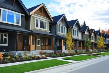 Obraz premium Modern Townhomes in Vibrant Neighbourhood: New Construction Residences with Sidewalks and Porches