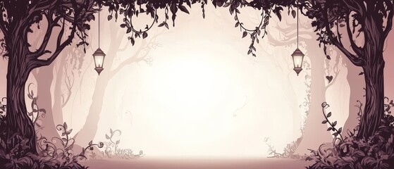 Misty enchanted forest scene dreamlike atmosphere illustrated landscape ethereal setting serene viewpoint fantasy concept