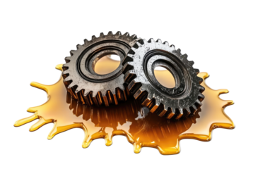 metal gears in machine oil, cut out on white background