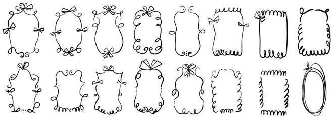 Doodle coquette frames with bows. Vintage scribble line wavy border with ribbons set. Vector cute curly rectangle and oval template for holiday menu. Minimalistic black cadre birthday hand drawn.