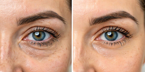 Close-up comparison of a person’s eyes before and after a beauty treatment. The left side shows dark circles and puffiness, while the right side reveals smooth, refreshed under-eye skin.