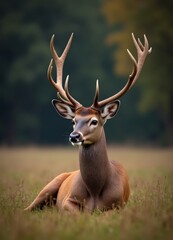 Majestic Male Deer Resting in Autumn Meadow Large Antlers Wildlife