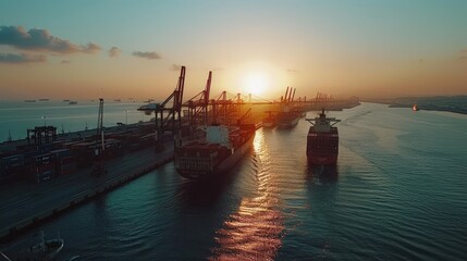 Obraz premium Sunset harbor, container ships docking, cargo cranes, global trade