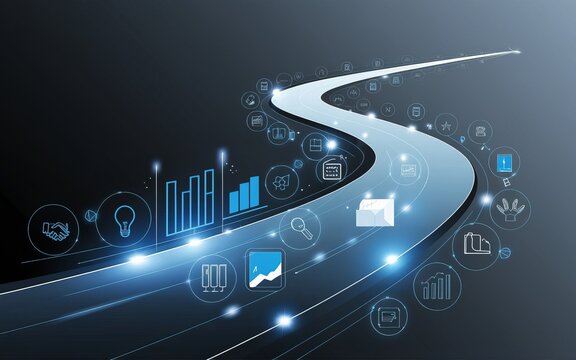 Road to Success: The winding road of progress leads towards a future of growth, with interconnected icons representing various business, innovation, and technological elements.
