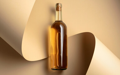Bottle of white wine on a beige background.