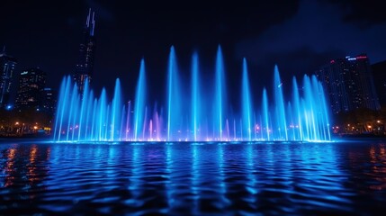 Illuminated fountain show at night, city skyline