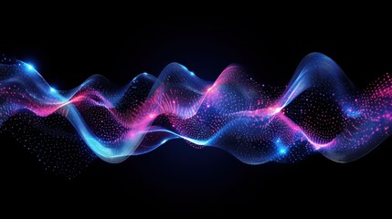 Abstract glowing wave of particles, vibrant blue and pink hues on black background.