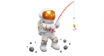 3D Render of Astronaut Fishing in Space with Asteroids Fun Cartoon Style Illustration