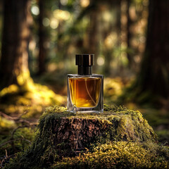 The image features a bottle of perfume placed on a mossy tree stump in a forest setting. The bottle has a dark cap and contains a golden liquid. The background is blurred, with sunlight filtering 