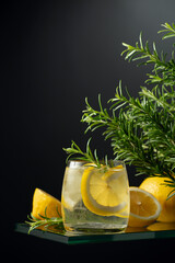 Refreshing drink with ice, lemon slices, and rosemary.