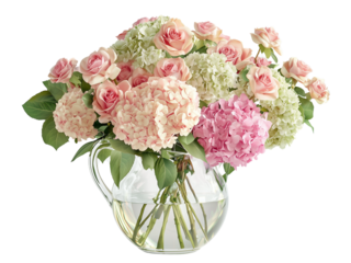 A vibrant bouquet of pink Hydrangeas Roses and green flowers arranged in a clear glass vase, set. isolated on white background and transparent background