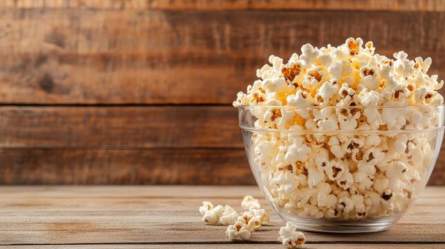 Delicious popcorn served in a glass bowl alongside a warm cup of hot chocolate on a rustic wooden table. National Caramel Popcorn Day