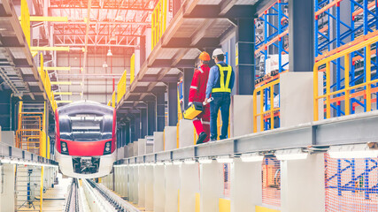 Electric train technician engineer with blueprints checking controls system for security functions in maintenance infrastructure plant of sky train, public transportation vehicle,Teamwork management