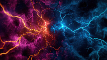 Fototapeta premium Universal energy, Inner energy connection. Vibrant electric storm with contrasting colors of blue, orange, and purple swirling together.