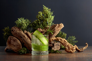 Cocktail gin and tonic with ice, cucumber, and rosemary.