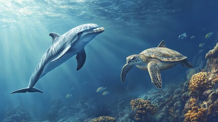 Fototapeta premium Graceful dolphin leaps through deep azure waters, sleek body arcing toward the sun-drenched horizon, its pointed snout slicing through ocean waves as it glides effortlessly to the right