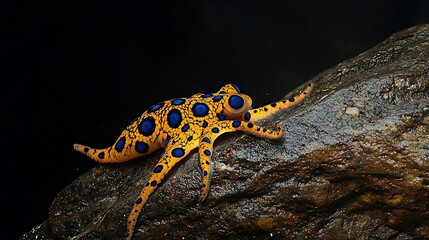 Fototapeta premium Striking Blue-Ringed Octopus Displaying Vibrant Colors and Markings on Coastal Rock