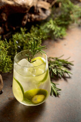 Cocktail: gin and tonic with ice, lime, and rosemary on a rustic background.