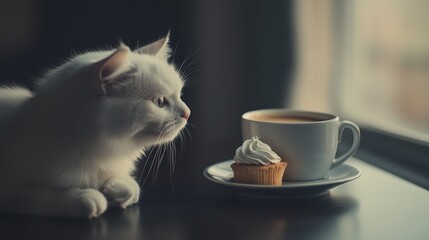 Cat sitting beside a cup of coffee and a cupcake while gazing out the window in a cozy setting