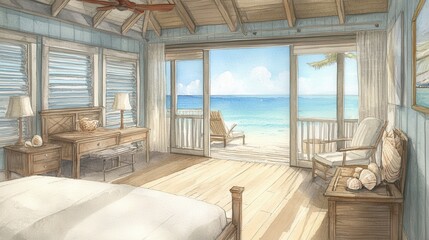 Fototapeta premium Cozy Beachfront Room with Stunning Ocean View and Natural Light