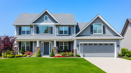 Gray Two Story House with Green Lawn and Flower Garden