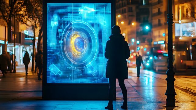 Tech City: Silhouette of a person stands before a captivating digital display in an urban street at night, illuminated by futuristic digital art. The vibrant display casts an enchanting glow.