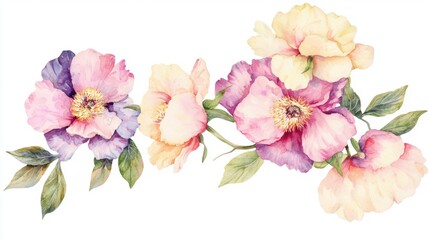Fototapeta premium A vibrant watercolor illustration featuring an arrangement of delicate pink, purple, and cream flowers with lush green leaves. isolated on white background.