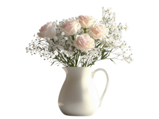 A white pitcher holds soft pink roses and delicate baby's breath, creating an elegant floral arrangement. isolated on white background and transparent background