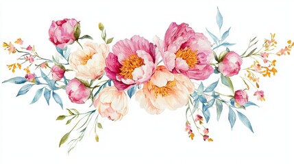 Fototapeta premium A vibrant watercolor floral arrangement featuring peonies and leaves in soft pink and cream tones, perfect for decor or design projects. isolated on white background.