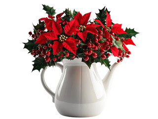 A white teapot filled with vibrant red Poinsettias and Holly set, creating a festive and elegant arrangement. isolated on white background and transparent background