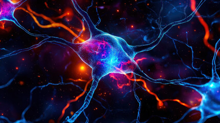 Fototapeta premium Universal energy, Inner energy connection. Vibrant abstract representation of neural connections and synapses in a colorful digital style.