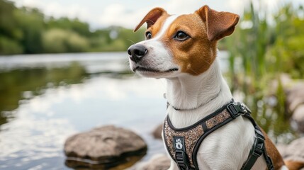 Jack Russell Terrier in a Dog Harness Enjoying a Day by the Water: Active and Alert Canine Companion