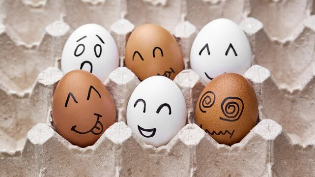 Eggs with funny faces in box. Happy, angry, sad, surprised faces on white and brown eggs. Stop motion. Funny cartoon faces. Food concept. Close-up of hen eggs. 4K, UHD
