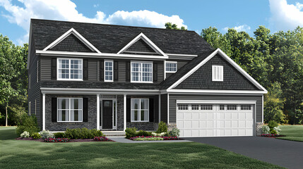 Obraz premium Gray Two Story House with White Garage and Stone Accents