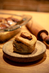 Freshly baked cinnamon rolls or Cinnamon buns. Homemade pastry.